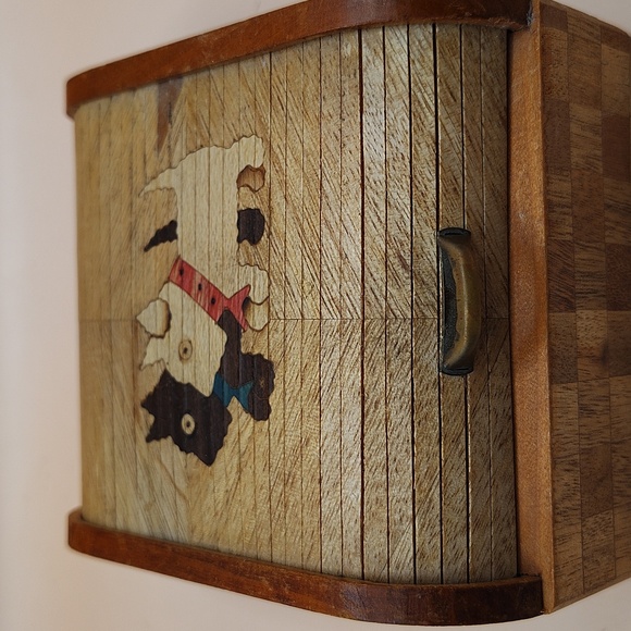 Vintage SCOTTY DOGS Inlaid Wood Case With Rolltop Articulated Lid JAPAN - Picture 6 of 8